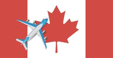 vectorillustratie van een passagiersvliegtuig dat over de vlag van canada vliegt. concept van toerisme en reizen vector
