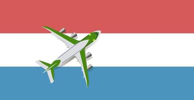 vectorillustratie van een passagiersvliegtuig dat over de vlag van luxemburg vliegt. concept van toerisme en reizen vector