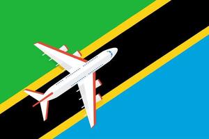 vectorillustratie van een passagiersvliegtuig dat over de vlag van tanzania vliegt. concept van toerisme en reizen vector