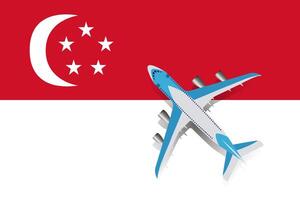 vectorillustratie van een passagiersvliegtuig dat over de vlag van singapore vliegt. concept van toerisme en reizen vector