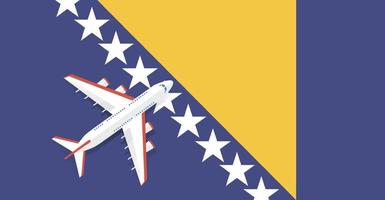 vectorillustratie van een passagiersvliegtuig dat over de vlag van bosnië en herzegovina vliegt. concept van toerisme en reizen vector