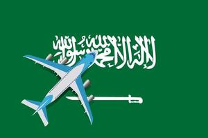 vectorillustratie van een passagiersvliegtuig dat over de vlag van saoedi-arabië vliegt. concept van toerisme en reizen vector