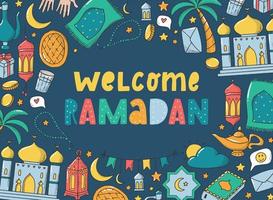 kleurrijke ramadan wenskaart, poster, print, uitnodiging, sjabloon. belettering citaat versierd met frame van doodles op donkerblauwe achtergrond. islamitische vakantie decor. eps 10 vector