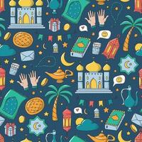 islam en ramadan naadloze patroon met hand getrokken doodles op blauwe achtergrond. goed voor behang, inpakpapier, textielprints, productverpakkingen, scrapbooking en knutselen. eps 10 vector