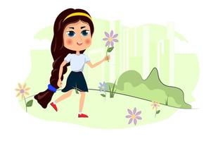 schattige cartoon meisje loopt op het gazon. mooi meisje in de weide en bloemen. vector