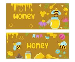 flyers zijn horizontaal met honing en bijen. vector cartoon illustratie geïsoleerd. uitnodiging, folder voor zaken, om af te drukken