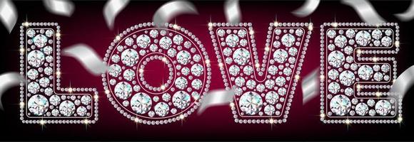banner met het woord liefde. juwelenbrieven van fonkelende diamanten en confetti. banner voor Valentijnsdag en Vrouwendag. ansichtkaart. 3D-realistische stijl op een rode achtergrond. vector. vector