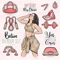 schattige vrouwen sticker clip art collecties set met meisje gym apparatuur vector