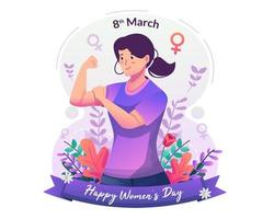 een glimlachende mooie sterke vrouw die spierbiceps en vuisten toont. empowerment van vrouwen, feminisme, gendergelijkheid. fijne Vrouwendag. vlakke stijl vectorillustratie vector