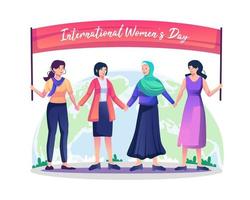 internationaal vrouwendagconcept met gelukkige diverse vrouwen die samen hand in hand staan, strijdend voor vrijheid, onafhankelijkheid, gelijkheid. vlakke stijl vectorillustratie vector