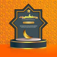 ramadan kareem islamitische begroetingsachtergrond met lantaarn, ster, Arabisch patroon en 3d podium vector