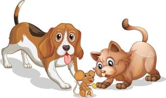 beagle hond en kat cartoon op witte achtergrond vector