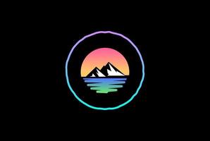 zonsondergang zonsopgang met ijs berg en rivier kreek meer zee voor outdoor avontuur badge embleem label logo ontwerp vector
