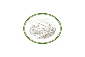 retro vintage bergweg landschap met canyon vallei en bomen bos badge embleem label logo ontwerp vector