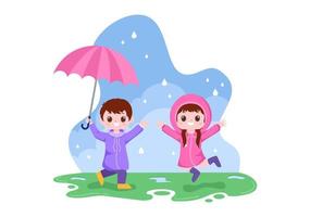 schattig kind met regenjas, rubberen laarzen en paraplu in het midden van regenbuien. platte achtergrond cartoon vectorillustratie voor spandoek of poster vector