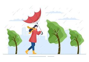 mensen met regenjas, rubberen laarzen en paraplu in het midden van regenbuien storm. platte achtergrond cartoon vectorillustratie voor spandoek of poster vector