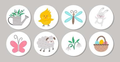 schattige set ronde pictogrammen voor Pasen-markeringen of kaartontwerpen met konijn, schattige dieren, gieter, vlinder, bloemen. vector lente vakantie pin of badge ontwerp geïsoleerd op een witte background