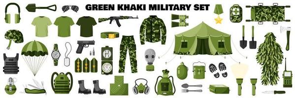 groene olijf kaki camouflage militaire set met soldatenuniform, kaki camouflage, legeruitrusting, aanvalsgeweer, enz. vector