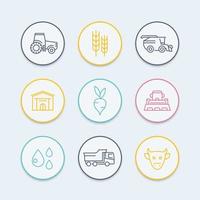 landbouw, landbouw lijn pictogrammen, tractor, oogst, vee, landbouwmachines, agribusiness ronde gekleurde pictogrammen, vectorillustratie vector