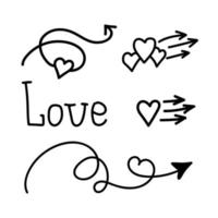 lineaire doodle set liefde, pijl met hart en belettering handschrift liefde. aanwijzer liefde, traject, zoals. vectorontwerpelement voor sociale media, Valentijnsdag en romantische ontwerpen vector