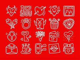 set hand getrokken Valentijnsdag doodle vector iconen. Valentijnsdag liefdesharten, mok, bloemen, cupcakes, drankjes, brieven, ballonnen, slot, berichten pictogrammen