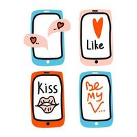 Valentijnsdag instellen doodle pictogram mobiele telefoon virtuele liefde. internetliefde, zoals, praten, chatten, decoratie, hart, kus, valentijn, lippen, tekstballonnen. handgetekende, zeer fijne tekeningen, platte en belettering vector