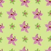 paarse orchideebloemen bloeien naadloos patroon in doodle stijl. groene pastelachtergrond. zomer print. vector