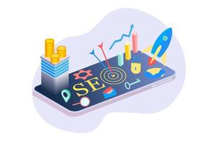 bestemmingspagina van seo zoekmachine optimalisatie moderne platte ontwerp isometrische sjabloon. conceptuele seo-analyse en optimalisatie, seo-strategieën en marketingconcept vectorillustratie voor website. vector