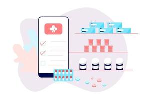 online apotheek app concept van gezondheidszorg, drogisterij en e-commerce. vectorillustratie van geneesmiddelen op recept, EHBO-kit en medische benodigdheden die online worden verkocht via web- of computertechnologie. vector