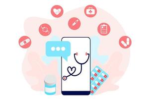 online gezondheid tele geneeskunde vlakke afbeelding. online medische gezondheidszorgconsultatie en behandeling via mobiele telefoontoepassing van computerverbonden internetkliniek. online vraag arts consult. vector