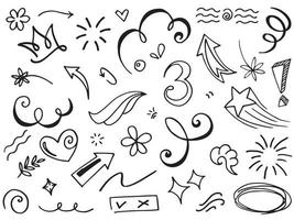 abstracte pijlen, linten, kronen, harten, explosies en andere elementen in de hand getekende stijl voor conceptontwerp. doodle illustratie. vectorsjabloon voor decoratie vector