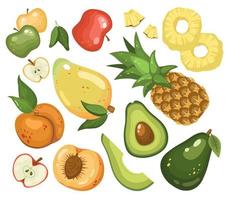 set van fruit. gezond vegetarisch eten. mango, ananas, appels, perzik, avocado. vectorillustratie in cartoon-stijl vector