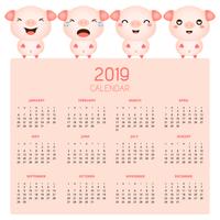 Kalender 2019 met schattige varkens. vector