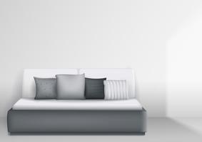 Modern interieur met bed en kussens, lichte kamer. Vectorafbeeldingen vector