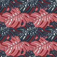 helder abstract tropisch naadloos patroon met monsterabladeren. roze en marineblauwe print van exotische bladeren. vector