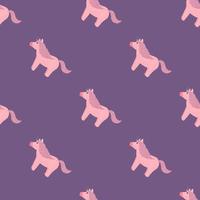 eenvoudig dierlijk naadloos patroon met eenhoornelementen. roze pony silhouetten op paarse pastel achtergrond. vector