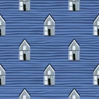 hand getekende huis ornament naadloze patroon. grijze huisjes op blauw gestreepte backhround. vector
