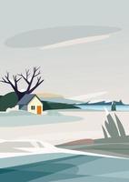 winterlandschap met huis aan de rivieroever. natuurlijke omgeving in verticale richting. vector