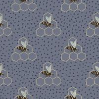 hand getekende bijen en honingraten naadloos patroon. pastelblauw paletkunstwerk met gestippelde achtergrond. vector