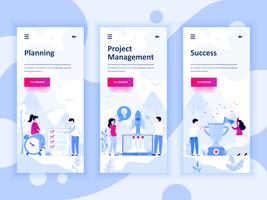 Set van onboarding schermen gebruikersinterfaceset voor planning, opstarten, succes, mobiele app sjablonen concept. Modern UX, UI-scherm voor mobiele of responsieve website. Vector illustratie.