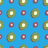 contrast naadloos patroon met doodle groene en roze kiwi-plakken. blauwe achtergrond. grappig ontwerp. vector