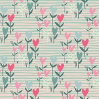 pastel teder naadloos hartpatroon. gestripte achtergrond met turquoise lijnen. roze en blauwe valentijn bloemen. vector