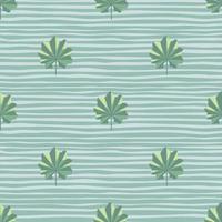 hand getekende naadloze patroon met groene abstracte botanische jungle bladeren vormen. blauw gestreepte achtergrond. vector