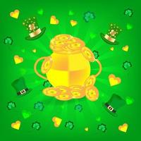 Saint Patrick's Day achtergrond met gouden munten pot, Saint Patrick's hoed op groene achtergrond vector