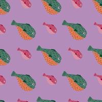 cartoon onderwater naadloze patroon met groen gekleurde vis fugu ornament. pastel paarse achtergrond. vector