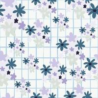 hand getrokken naadloze doodle patroon met botanische kamille vormen. witte achtergrond met ruit en bloemenfiguren in blauwe en paarse tinten. vector