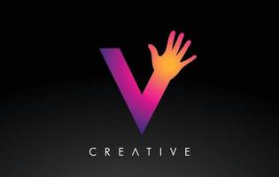 paarse letter v-logo met hand silhouet vector pictogram illustratie. creatieve hand logo brief