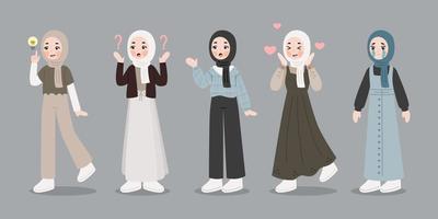 modieuze hijab meisje met verschillende expressie platte vector