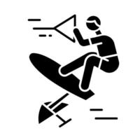 wakeboarden glyph-pictogram. slinger schot. extreme watersport vrije tijd. ruiter die zich op wakeboard bevindt. adrenaline recreatie. buiten activiteit. silhouet symbool. negatieve ruimte. vector geïsoleerde illustratie