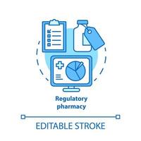 apotheek concept icoon. regelgevende farmacologie idee dunne lijn illustratie. doeltreffendheids- en veiligheidstests van geneesmiddelen. nieuw ontwikkeld geneesmiddelenonderzoek. vector geïsoleerde overzichtstekening. bewerkbare streek